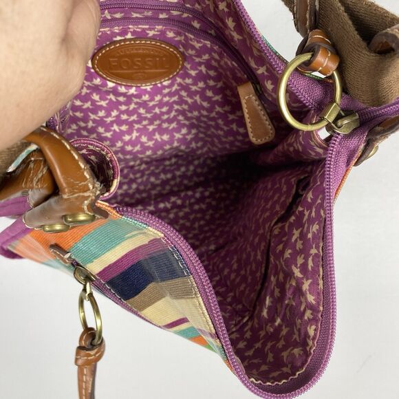 Fossil Coated Canvas Crossbody Bag Purse Multicolor Rainbow Stripes Bag - Picture 11 of 12